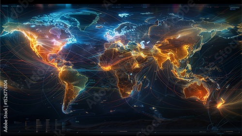 Illuminated world map highlighting global connections with vibrant orange and blue glow