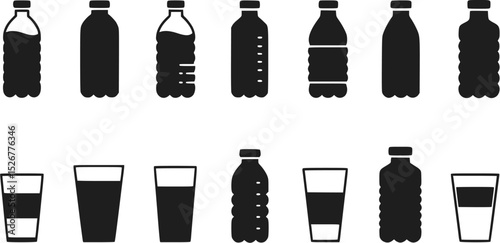 Set of Black and White Water Bottle and Glass Icons