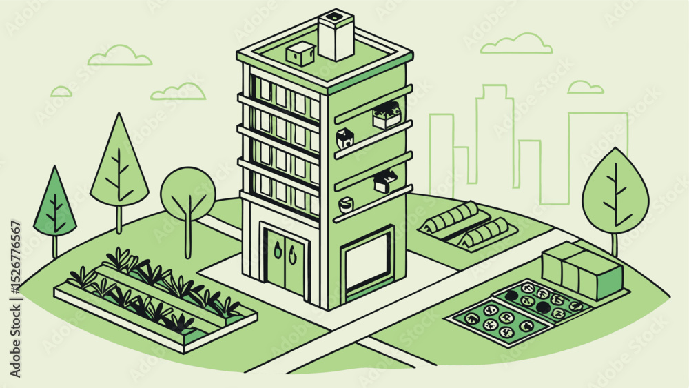 Fresh Green Vector Design of a Multi-Story Vertical Farm Building  