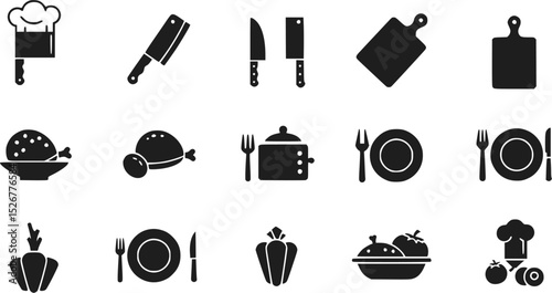 Set of black icons. Culinary, kitchen items. Vector illustration