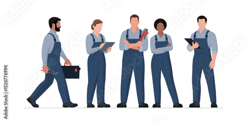 Professional plumbers and engineers standing together