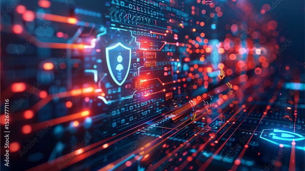 Abstract cybersecurity concept with a digital shield protecting a human figure, representing data privacy and protection Abstract cybersecurity concept with a digital shield protecting a human figure, representing data privacy and protection