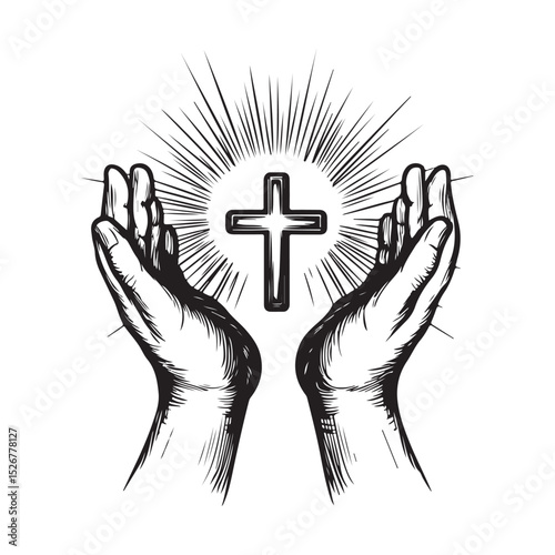 Christian cross with shine and praying hands image vector isolated on white background.