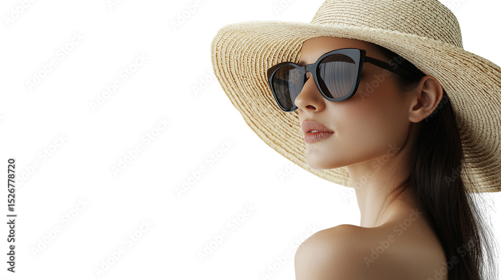 Elegant woman in wide-brim straw hat and sunglasses, looking to the side Elegant woman in wide-brim straw hat and sunglasses, looking to the side