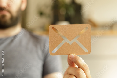Stock photo of a man holding an email icon, perfect for contact us pages and communication related projects. photo