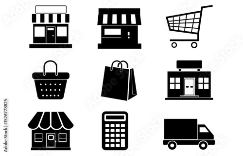 Online Shopping Store Retail Business Icons Set Modern Simple Minimalist Design Elements for Website Mobile App E commerce Branding Graphics Vector Illustration Package Delivery Supermarket Shop Cart 