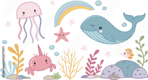 Cute marina life set with fish, whales, seaweed, marina elements for your design, childish hand drawn sea elements. playful and colorful vector illustration of cute underwater sea animals in a cartoon