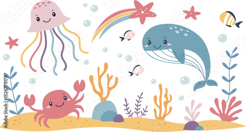 Cute marina life set with fish, whales, seaweed, marina elements for your design, childish hand drawn sea elements. playful and colorful vector illustration of cute underwater sea animals in a cartoon