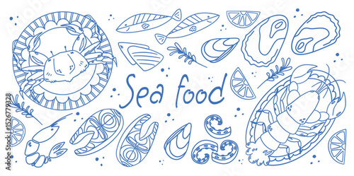 Hand drawn ink isolated vector set of seafood. Shrimps, lobster, salmon, oysters, mussels, squid, crab. Food vintage illustration.
