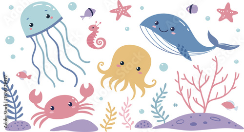 Cute marina life set with fish, whales, seaweed, marina elements for your design, childish hand drawn sea elements. playful and colorful vector illustration of cute underwater sea animals in a cartoon