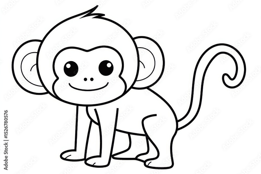 Fototapeta premium Cute simple line art monkey with thick black outlines for kids coloring book, vector clip art style with happy expression and clean design