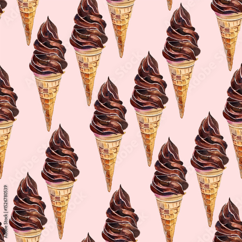 Chocolate ice cream cone pattern in seamless vector illustration. This chocolate ice cream in waffle cones design is perfect for wrapping paper, packaging or dessert-themed projects. Sweet dulces.