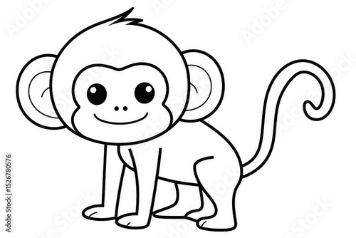 Cute simple line art monkey with thick black outlines for kids coloring book, vector clip art style with happy expression and clean design