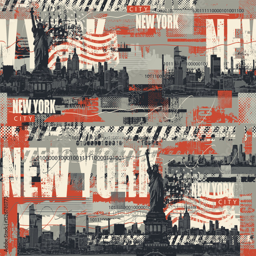 Abstract seamless pattern on urban theme with Statue of Liberty in New York with city architecture and newspaper clippings background in grunge style. Wallpaper, wrapping paper, fabric, t-shirt design