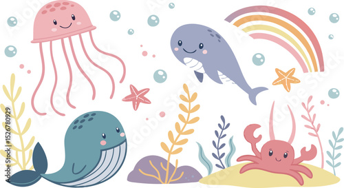 Cute marina life set with fish, whales, seaweed, marina elements for your design, childish hand drawn sea elements. playful and colorful vector illustration of cute underwater sea animals in a cartoon