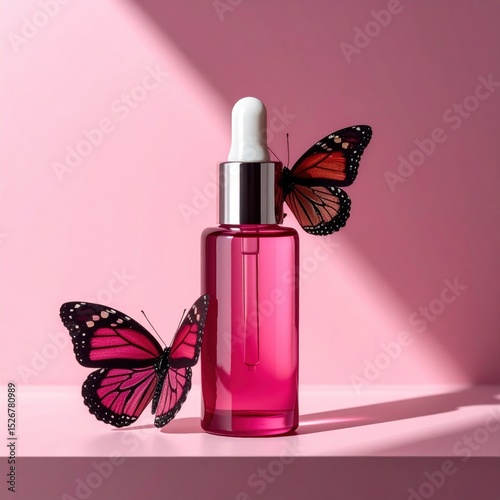 A pink dropper bottle is showcased with two vibrant pink and black butterflies resting on and beside it against a soft pink background.