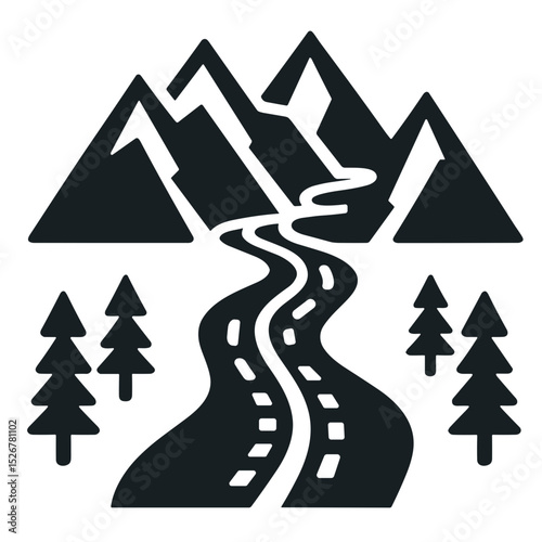 Black silhouette of winding road with mountains and pine trees  
