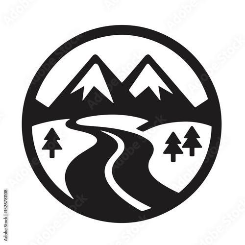 Mountain landscape logo with road and pine trees in circular design  
