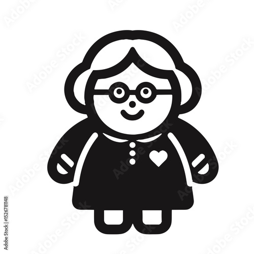 Cartoon grandmother character with glasses and a heart on dress  