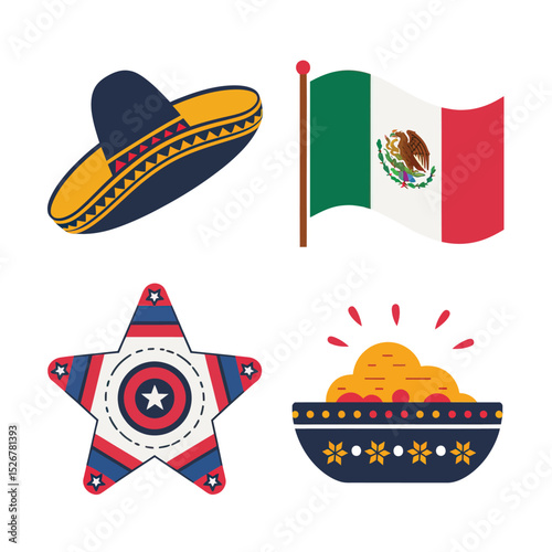 vector icons traditional Mexican Cinco de Mayo themes, Mariachi Hat, Flag, Mexican pride culture 
