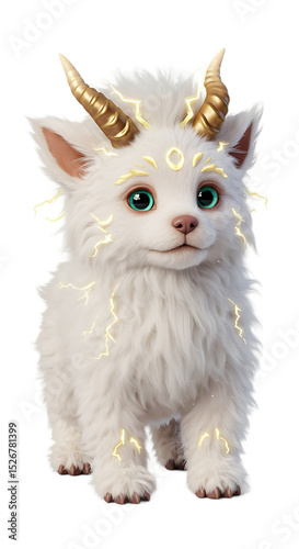 Illustration of a Magical White Furry Creature with Golden Horns png isolated transparent background