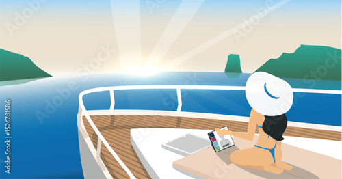 Remote Work on a Yacht at Sunrise Illustration Vector