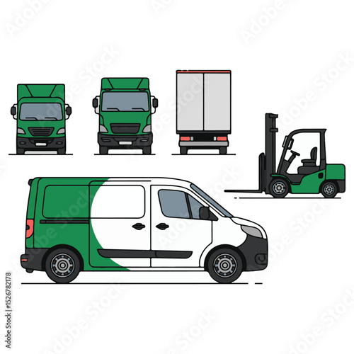 Green and white delivery and transportation vehicles in vector illustration style