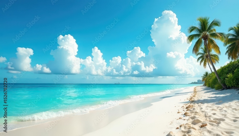 Fototapeta premium Azure sky, fluffy clouds over pristine Miami beach sand , nature, sunshine