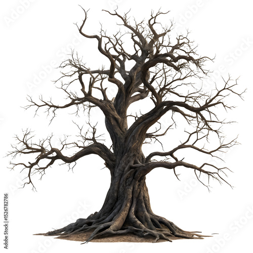 Dark spooky dead tree isolated on white or transparent background