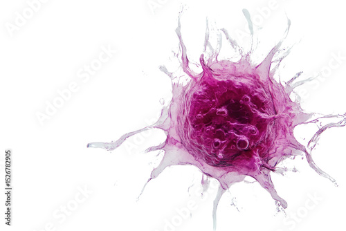 Microscopic view of a cancer cell exploding, showcasing its intricate structure and aggressive nature. background removed