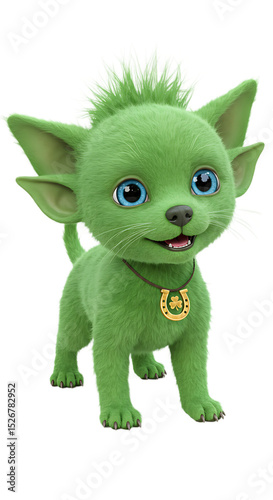 Illustration of a Green Puppy Wearing a Shamrock Horseshoe Necklace png isolated transparent background
