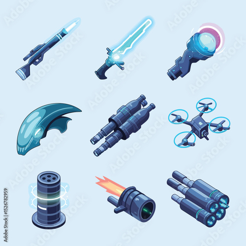  vector icons illustrating game assets and weapons in a sci-fi design
