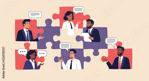 Business Teamwork Concept. Vector illustration in flat style of a group of diverse people in business suits putting together pieces of a puzzle. Isolated on background 