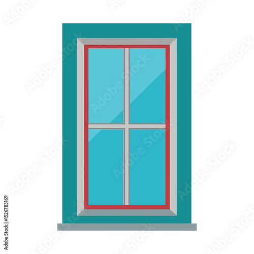 Window with light blue glass and green frame in flat vector design