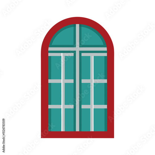 Arched window with red frame and light blue glass vector illustration