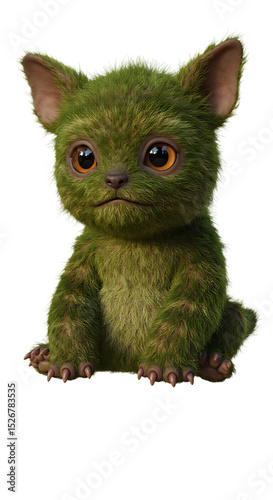 Illustration of a Furry Green Creature on Black Background png isolated transparent background