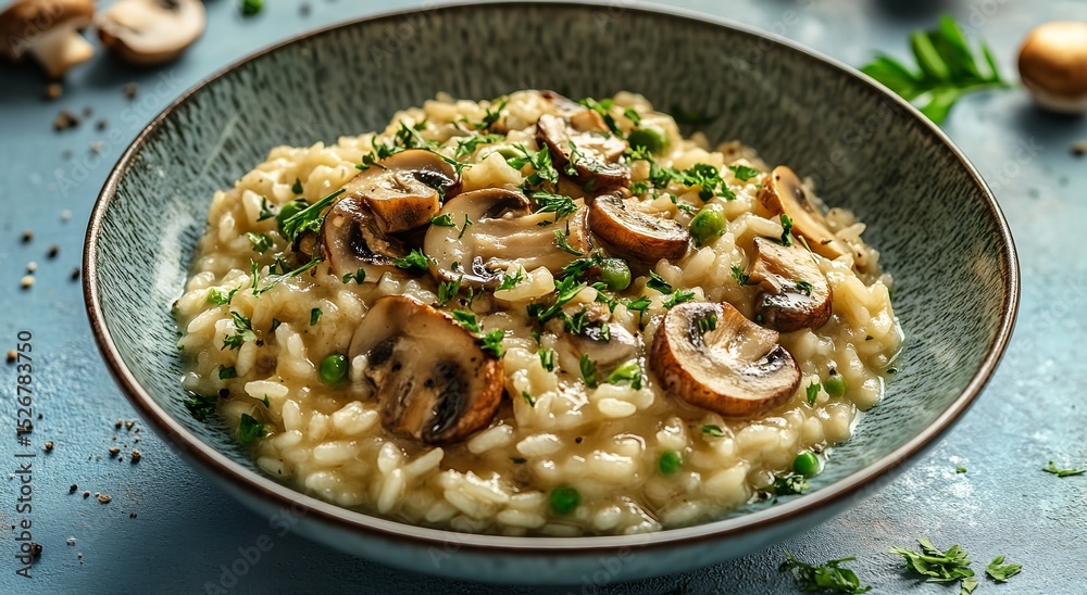 Creamy Golden-Brown Mushroom Risotto Topped with Fresh Mushrooms and Cheese in a Minimal Blue Setting
