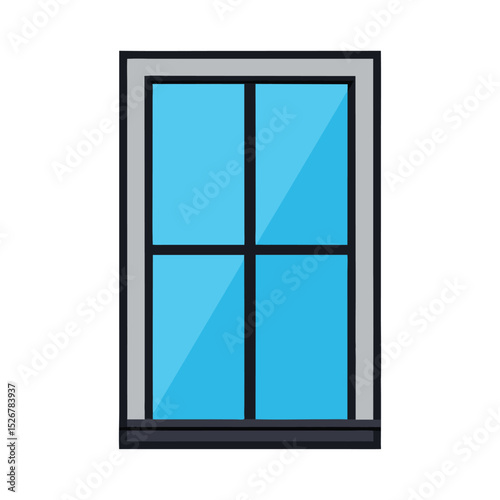 Cartoon window illustration with clear blue glass and gray frame design element