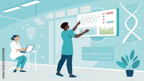 Flat Vector Illustration of a Clinic with Light Effects and Health Data  