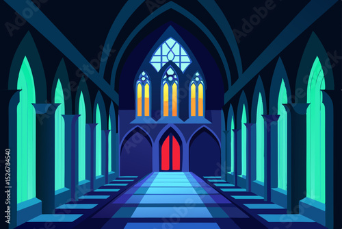 Ancient religious architecture featuring the interior of a mosque, church, and cathedral with stone arches, columns, and corridors