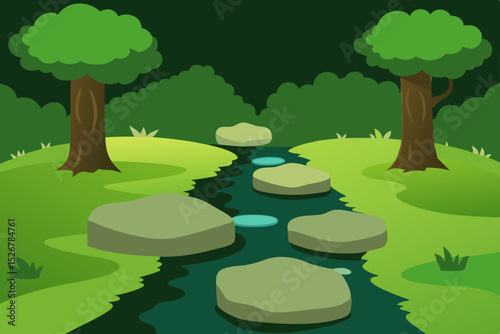 Peaceful summer landscape featuring a pond with water lilies, green grass, trees, and a clear sky