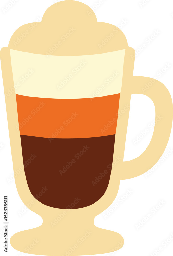 Icon Vector illustration of a layered latte in a tall glass with cream, coffee, and milk layers adding a cozy touch to any design
