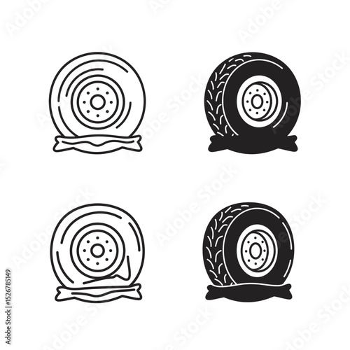 Normal and flat tire. Deflated automobile tire. Punctured wheel of car. Tire service station garage. Vector illustration.