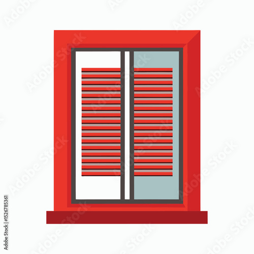 Red framed window with blinds illustration for architectural and interior design projects