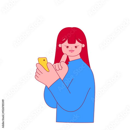 woman holding smartphone and touching chin thoughtfully