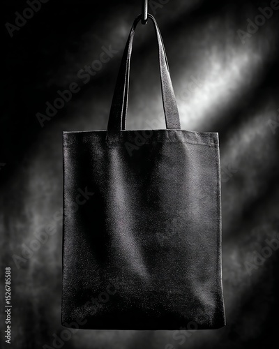 A plain black tote bag with two handles is hanging against a dark, dramatic background with soft lighting