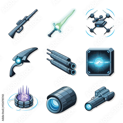  vector icons illustrating game assets and weapons in a sci-fi design
