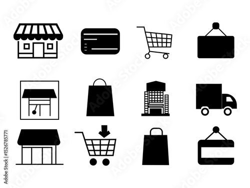 Online Shopping Store Retail Business Icons Set Modern Simple Minimalist Design Elements for Website Mobile App E commerce Branding Graphics Vector Illustration Package Delivery Supermarket Shop Cart 