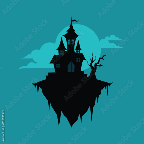 Silhouette of spooky haunted castle illustration against full moon on a teal background