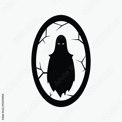 Spooky ghost silhouette in cracked oval frame perfect for halloween design
